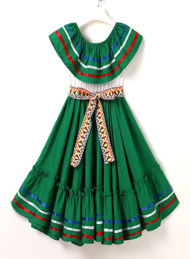 ODIZLI Mexican Dress for Girls Traditional Cinco de Mayo Fiesta Dresses for Toddler Girl Off-Shoulder Sleeveless Kids Vestidos Tipicos Mexicanos Flamenco Dress Ruffle Drape A Line Dress Green 9-10 Years - Image 3